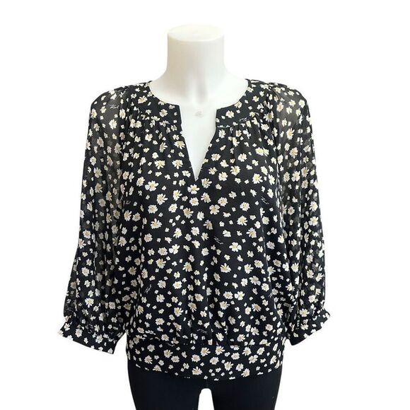 KARL LAGERFELD Floral Blouson Top‎ Puff 3/4 Sleeve Chiffon sz Medium - Picture 1 of 8